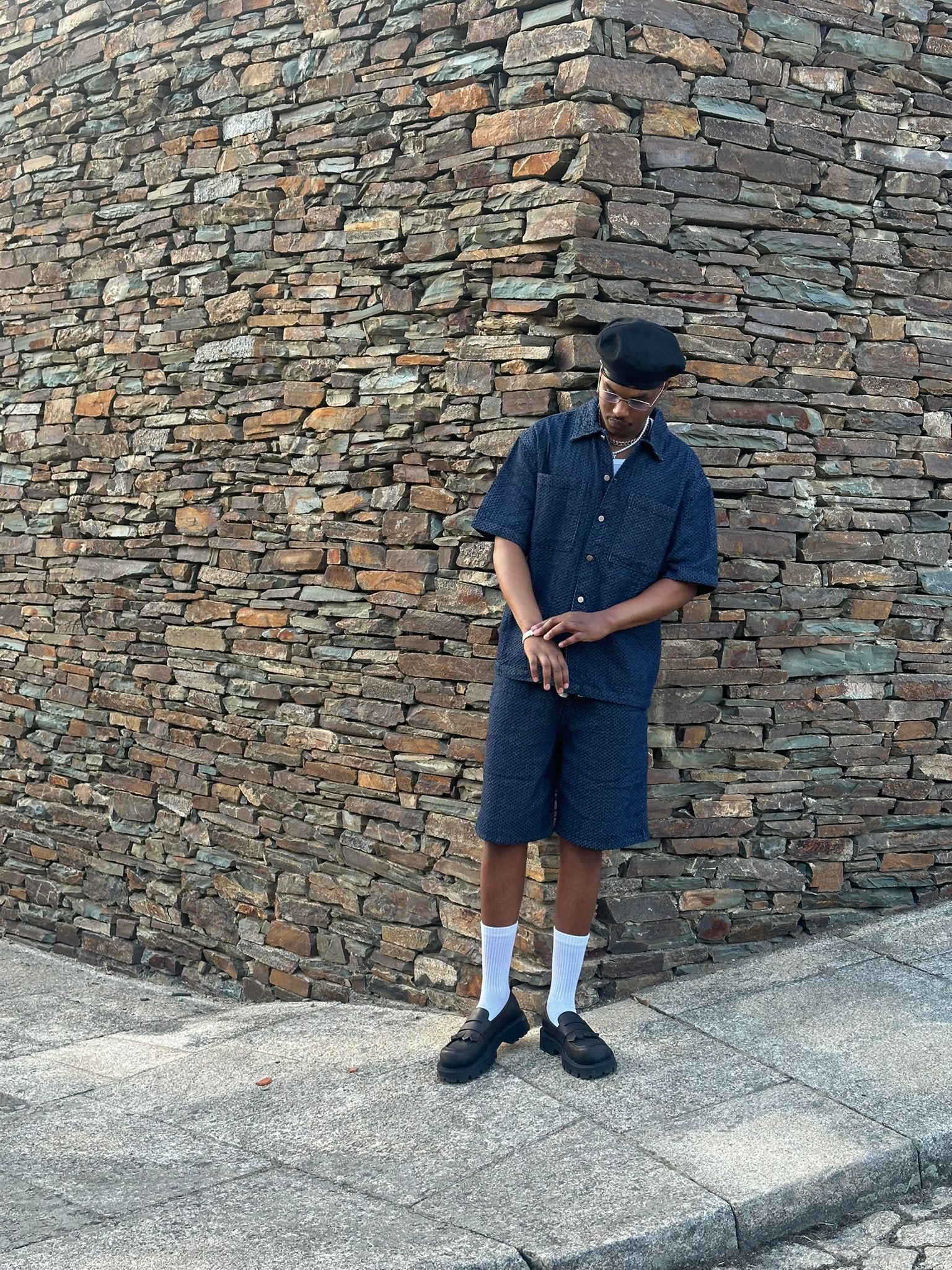 Conjunto Camisa & Calções Texturizados Azul Marinho