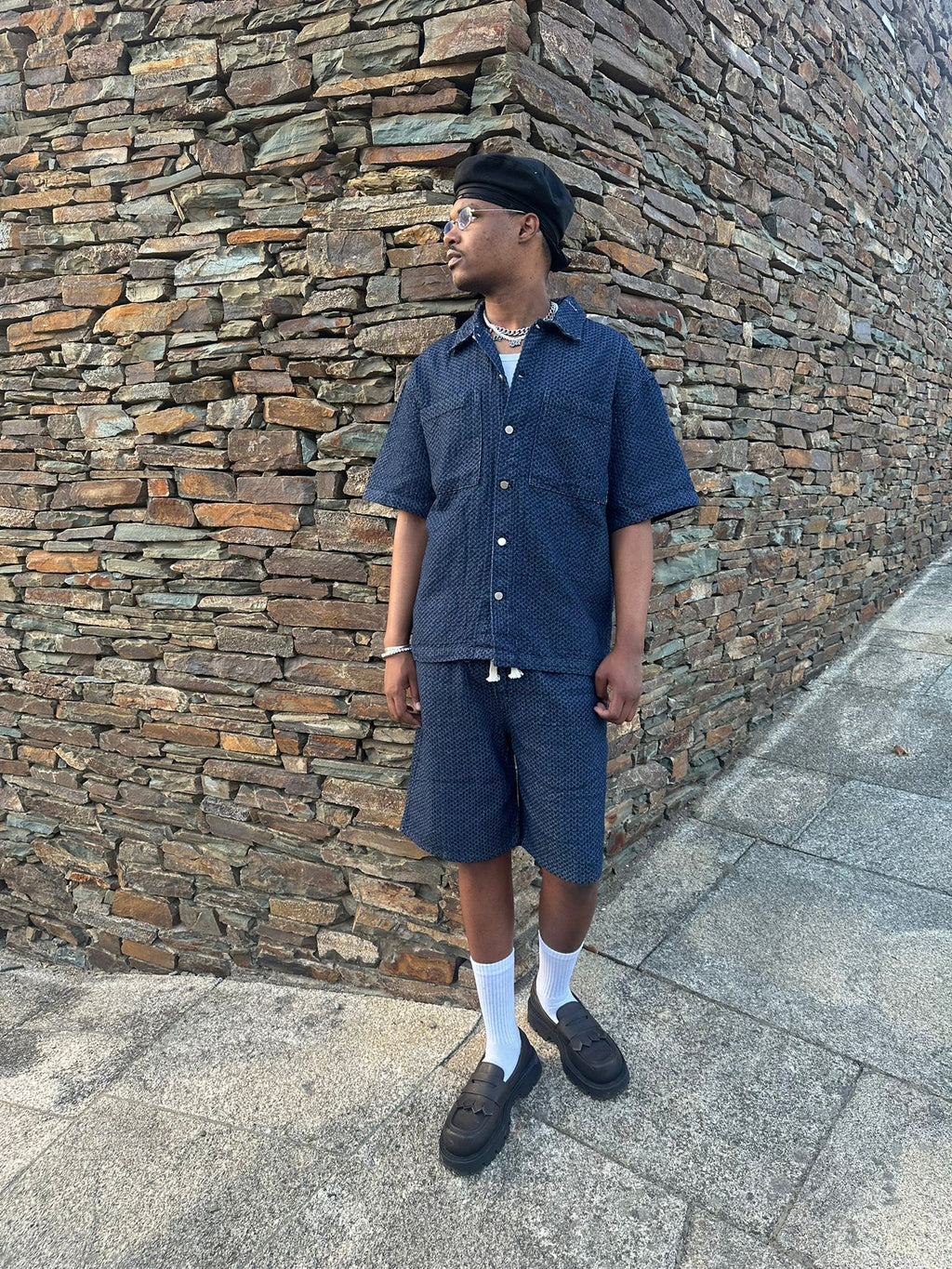 Conjunto Camisa & Calções Texturizados Azul Marinho