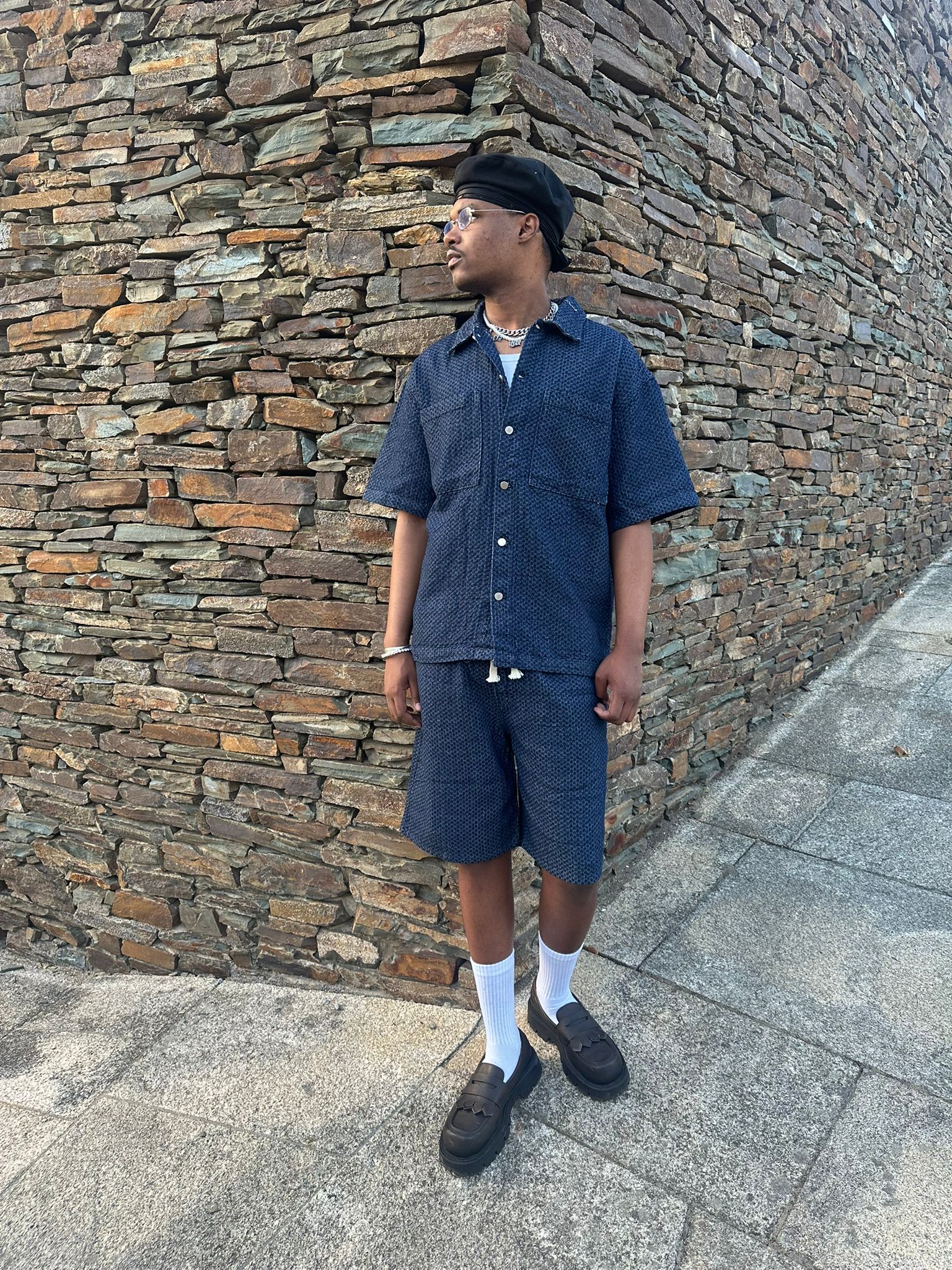 Conjunto Camisa & Calções Texturizados Azul Marinho