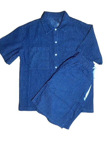 Conjunto Camisa & Calções Texturizados Azul Marinho