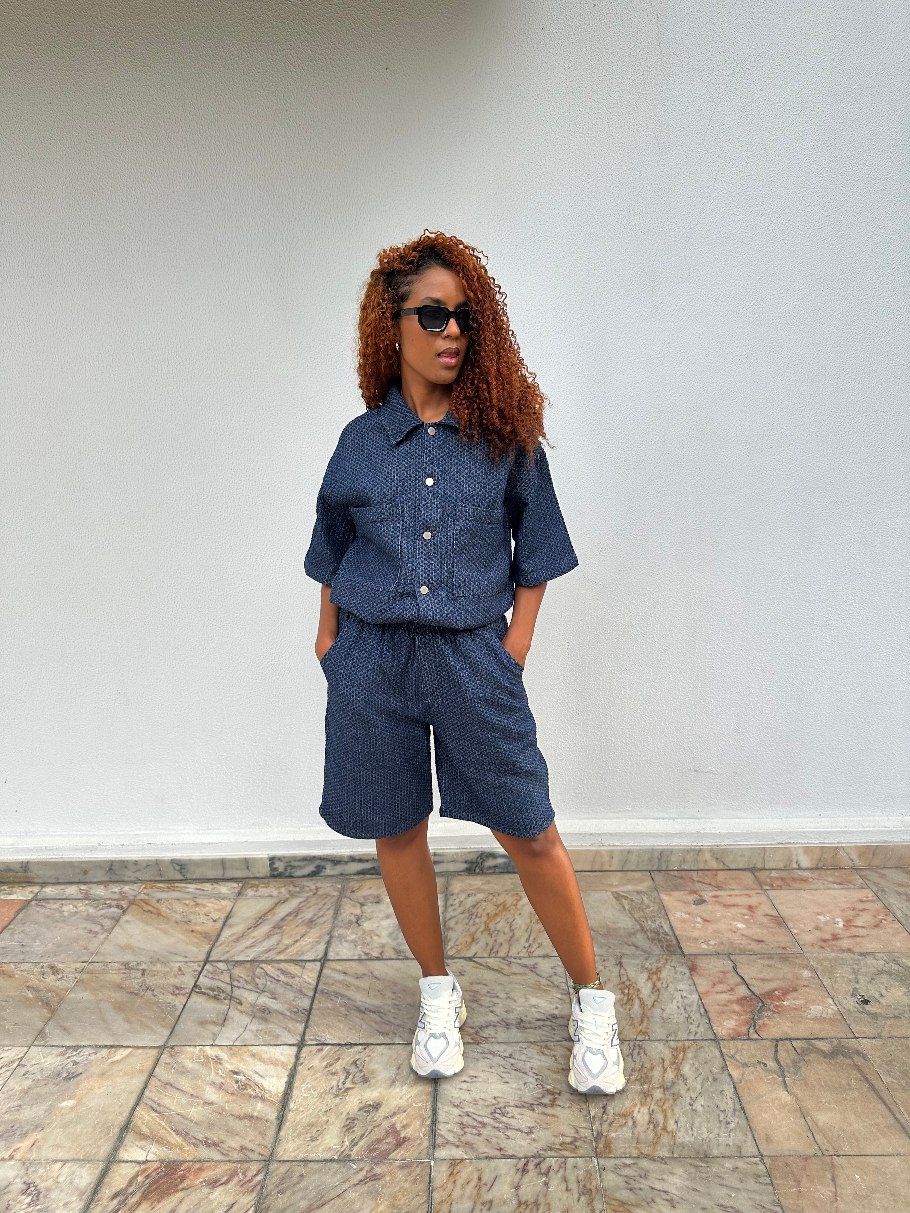 Conjunto Camisa & Calções Texturizados Azul Marinho