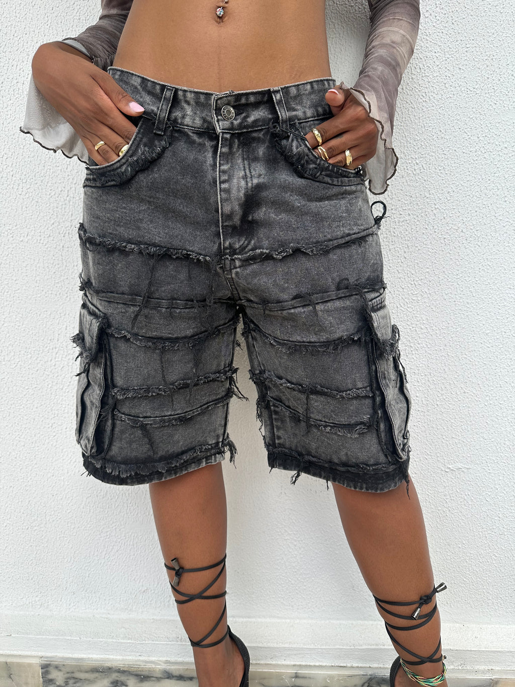 Calções Cargo Denim Wash